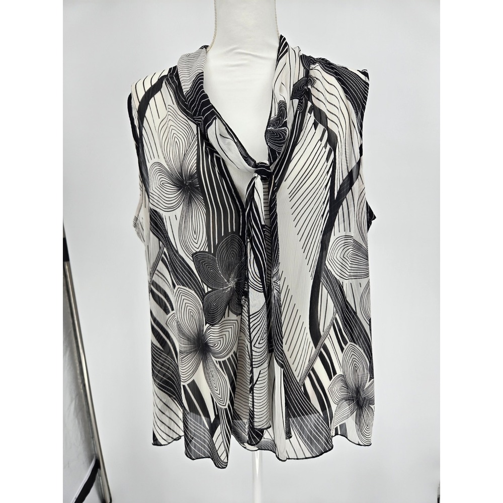 Investments Womens XL Black White Floral Tie Neck Sleeveless Pleated Blouse